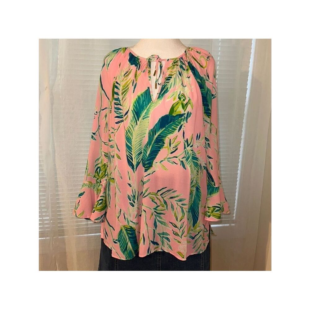 Lilly Pulitzer L Willa Pink Green Tropical Long Flounce Sleeve Front Tie Top